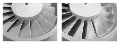 Processo di Lavorazione a Flusso Abrasivo di Kennametal Extrude Hone su una girante di pompa centrifuga nel settore della generazione di potenza. Immagine a sinistra: prima dell’AFM; a destra: dopo l’AFM